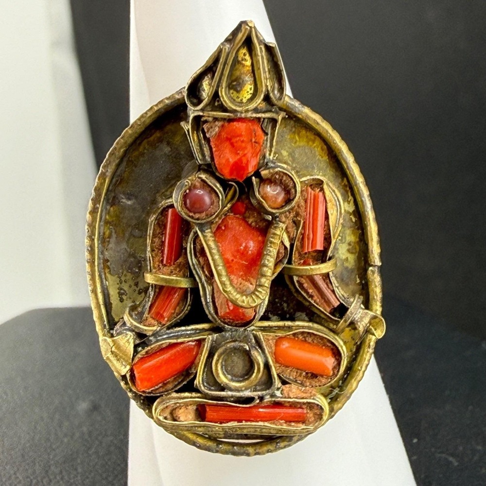 Vintage Coral Ring Brass Tibetan Buddha Ethnic Size 8 - Picture 2 of 15